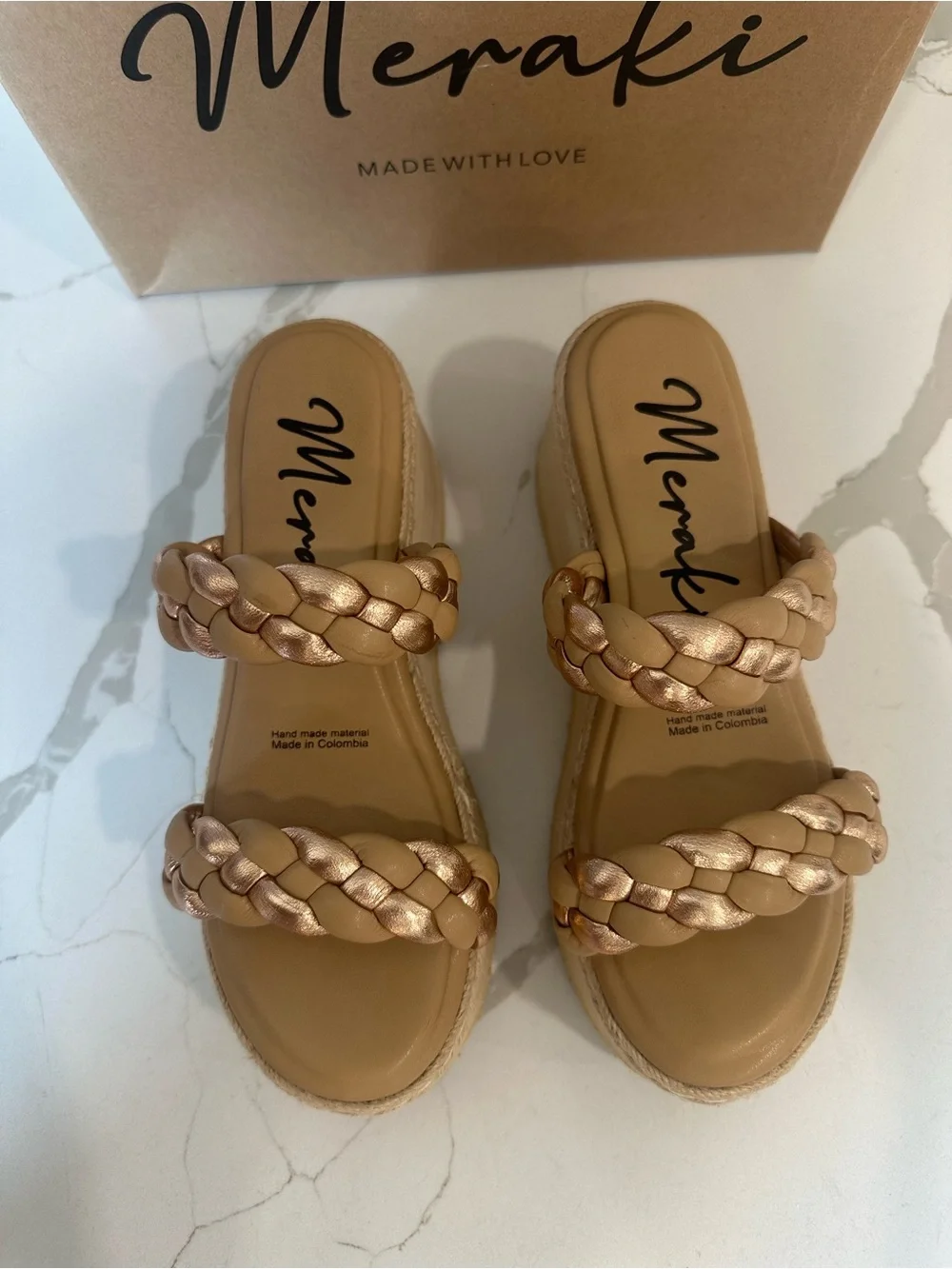 meraki Braided Platform Wedge Sandals in Metallic Tan